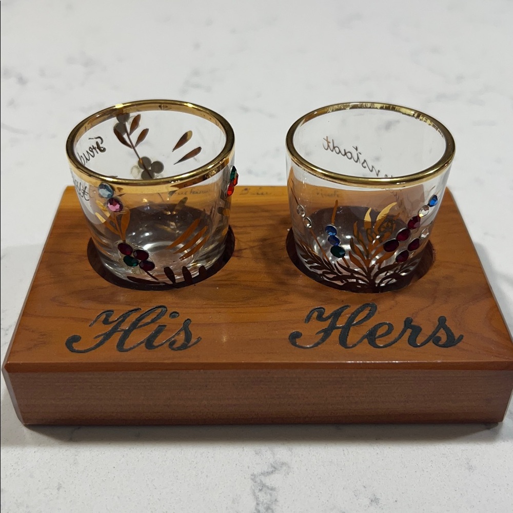 German vintage His and Hers embellished shot glasses.